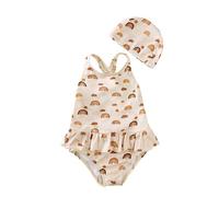 Generisch Costume da bagno per bambini per ragazze a maniche lunghe Costume da bagno con cuffia da nuoto protezione UV e orlo increspato gemme set da spiaggia taglia 80 a 130 per piscina costa vacanze