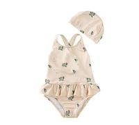 Generisch Costume da bagno per bambini per ragazze a maniche lunghe Costume da bagno con cuffia da nuoto protezione UV e orlo increspato gemme set da spiaggia taglia 80 a 130 per piscina costa vacanze