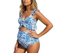 Generisch Costume da bagno premaman da spiaggia durante la gravidanza con copertura completa e supporto addominale, comodo costume da bagno, Azzurro, XL
