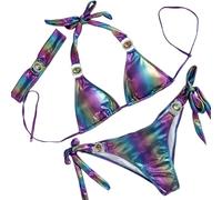 Generisch Costume da bagno sexy con cristalli split beach, con brillantini, Celeste., M