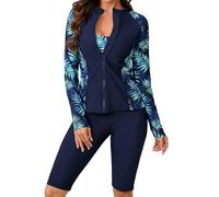Generisch Costume da bagno tankini con chiusura lampo, a maniche lunghe, per il tempo libero, immersioni, vita quotidiana, tre pezzi, versatile, Blu marino, M