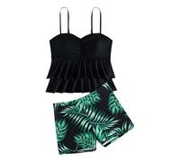 Generisch Costume da bagno tropicale con colletto a balze, top e pantaloncini per due pezzi, grande, estivo, alla moda, comodo, protezione ad asciugatura rapida, elastico, versatile, ideale per