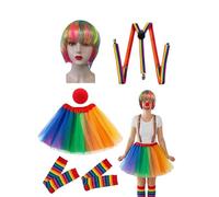 Generisch Costume da clown da donna, con parrucca, tutù, abbigliamento arcobaleno, 5 pezzi, accessori da circo per costumi, per carnevale, feste, cosplay, giochi di ruolo, feste in maschera, servizi