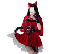 Generisch Costume da diavolo - Set di 6 pezzi per Halloween, rosso con coda del diavolo, corna di demonio, fascia, guanti e mantello, completo per cosplay, costume di Halloween per feste cosplay