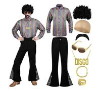 Generisch Costume da discoteca anni '70 per uomo, 6 pezzi, con camicia, pantaloni da sole, collana e baffi 60s 70s 80s Party Halloween