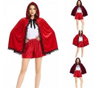 Generisch Costume da donna a forma di Cappuccetto rosso, vestito da festa, in velluto, con cappuccio e finiture in pizzo, carino e giocoso, alla moda, per Halloween, carnevale, cosplay, adulti
