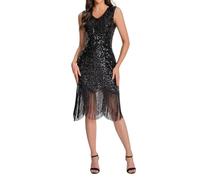 Generisch Costume da donna anni '20 - Abito con frange con paillette, elegante scollo a V, abito da cocktail, abito da ballo latino, per concerti e palla, Z1 nero., XS