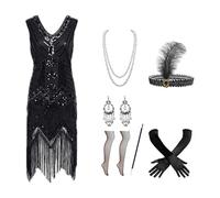 Generisch Costume da donna anni '20 Charleston Flapper, elegante stile vintage in stile Twenties con boa di piume, copricapo, collana di perle e pochette come travestimento Art Deco da donna, Nero , M