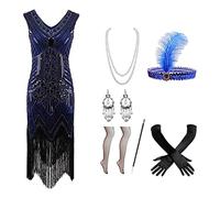 Generisch Costume da donna anni '20 Charleston Flapper, elegante stile vintage in stile Twenties con boa di piume, copricapo, collana di perle e pochette come travestimento Art Deco da donna, Blu, M
