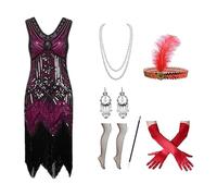 Generisch Costume da donna anni '20 Charleston Flapper, elegante stile vintage in stile Twenties con boa di piume, copricapo, collana di perle e pochette come travestimento Art Deco da donna, rosa