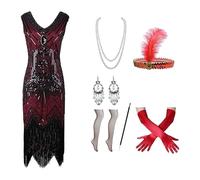 Generisch Costume da donna anni '20 Charleston Flapper, elegante stile vintage in stile Twenties con boa di piume, copricapo, collana di perle e pochette come travestimento Art Deco da donna, Colore