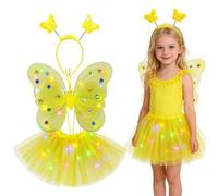 Generisch Costume da fata brillante per bambine con bacchetta magica luminosa, set di travestimenti floreali (giallo, 3-10 anni)