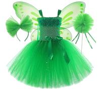 Generisch Costume da fata della foresta, da ragazza, verde, vestito da principessa, tutù, set con ali, bacchetta magica e cerchietto per capelli, per carnevale, compleanni, feste, Halloween, servizio