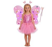 Generisch Costume da fata luminoso per bambine, con bacchetta magica luminosa e set da quattro pezzi floreali, Rosa chiaro., 3-9 Jahre