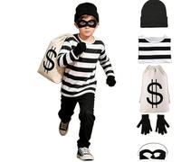 Generisch Costume da ladro per bambini, costume da rapinatore per bambini, con top a righe, guanti, maschera per gli occhi, borsa per bambini, costume per Halloween, cosplay, feste, carnevale, 5 pezzi