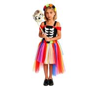 Generisch Costume da scheletro da bambina, per Halloween, giorno dei morti, colorato