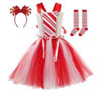 Generisch Costume di Natale da ragazza, rosso, bianco, a righe, con glitter e caramelle, elegante spettacolo per palcoscenico, con paillettes, per feste festive, in tessuto morbido