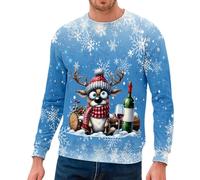 Generisch Costume di Natale da uomo, con scollo rotondo, in pile, con stampa 3D, per l'inverno, a maniche lunghe, per il tempo libero, azzurro, 3XL