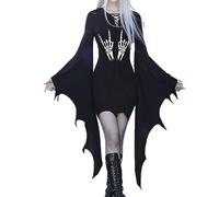 Generisch Costume gotico per Halloween, vestito gotico, da donna, gotico, punk, maniche a pipistrello, stampa di Halloween, irregolare