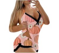 Generisch Costume Halloween Cosplay Donna Halloween Camisole Zucca Stampa Pantaloncini 2 Pezzi Set Pigiameria Pizzo Rimorso Lingerie Hot Pants Tuta, Colore: rosa., XXL