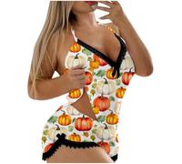 Generisch Costume Halloween Cosplay Donna Halloween Camisole Zucca Stampa Pantaloncini 2 Pezzi Set Pigiameria Pizzo Rimorso Lingerie Hot Pants Tuta, Colore: arancione., S