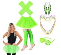 Generisch Costume in stile anni '80 e '80, include collana al neon, occhiali, orecchini, guanti a rete, scaldamuscoli, gonna tutù per la festa degli anni '80