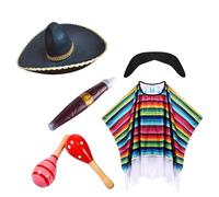 Generisch Costume messicano da uomo, 6 pezzi, poncho multicolore con nappe, sombrero, baffi artificiali, per cosplay, carnevale