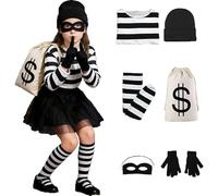 Generisch Costume per bambini e ragazzi, costume da ladro per bambini, con top a righe, maschera per gli occhi, borsa per bambini, costume per Halloween, cosplay, feste, carnevale, 6 pezzi