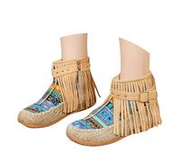 Generisch Cowboy - Stivaletti da donna Western Cavaliere, con frange, stile retrò, con gambo corto, alla caviglia, per il tempo libero, cachi, 42 EU