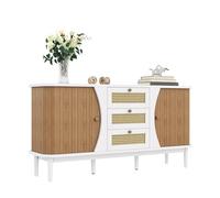 Generisch Credenza con cassetti in rattan e ante scorrevoli, lunghezza 140,5 cm, design rustico moderno, ripiani regolabili e angoli di sicurezza, ideale per soggiorno, sala da pranzo, corridoio