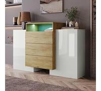 Generisch Credenza moderna, armadio 140 cm, colore bianco lucido e legno, effetto luce LED multicolore, elegante soluzione di archiviazione (superficie parzialmente lucida)