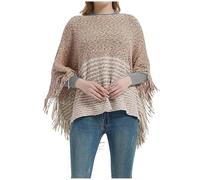 Generisch Damenmode Fransen Frühling und Herbst Winter Fledermausärmel Pullover Pullover Gestreiften Cape Pullover Schal Top (Khaki, One Size)