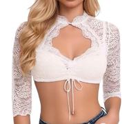 Generisch Dirndl, camicia da donna, elegante e bella, in pizzo, con scollo rotondo, colore bianco, L