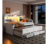 Generisch Divano letto, 90 x 200 cm, bianco, con illuminazione a LED, 3 cassetti e ripiano per comodino, letto estraibile multifunzione con porte di ricarica USB + Type-C