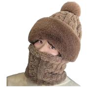 Generisch Divertente copricapo da donna invernale sciarpa lavorata a maglia per esterni tinta unita con rivestimento del cappello, berretto lavorato a maglia integrato, caffè, Taglia unica