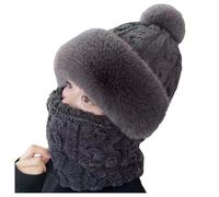 Generisch Divertente copricapo da donna invernale sciarpa lavorata a maglia per esterni tinta unita con rivestimento del cappello, berretto lavorato a maglia integrato, grigio., Taglia unica