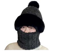 Generisch Divertente copricapo da donna invernale sciarpa lavorata a maglia per esterni tinta unita con rivestimento del cappello, berretto lavorato a maglia integrato, Nero , Taglia unica