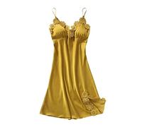Generisch Donna carino tinta unita seta artificiale gemma cintura di seta imbottito camicia da notte increspata Il mio ultimo ordine, giallo., L