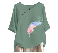 Generisch Donna Casual Button Feather Print O Collo Manica Corta T Camicetta Corta Top Nero Top Donna Stretto, verde, 4XL