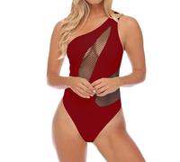 Generisch Donna Estate Moda Cava Mesh Tinta Unita Un Costume Da Bagno Sexy Pelle Stretto Bikini Ones, Colore: rosso, XL