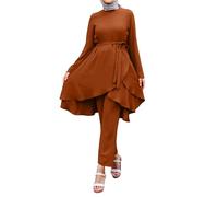 Generisch Donna Musulmano Due Pezzi Girocollo Manica Lunga Robe Abito e Pantaloni Set Moda Casual Abito Con Orlo Irregolare Islamico Turchia Dubai Arabo Abaya Abito Ramadan Preghiera Abaya, marrone