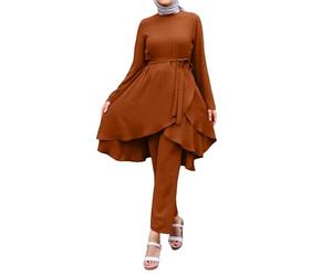 Generisch Donna Musulmano Due Pezzi Girocollo Manica Lunga Robe Abito e Pantaloni Set Moda Casual Abito Con Orlo Irregolare Islamico Turchia Dubai Arabo Abaya Abito Ramadan Preghiera Abaya, marrone