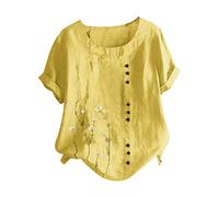 Generisch Donna Plus Size O-Neck Short Sleeve Print Buttons Linen Top Outfit Donna, giallo., 3XL