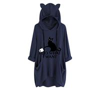 Generisch Donna stampa casuale gatto orecchio con manica lunga tasche in pizzo irregolare camicetta top donna, Blu marino, 5XL