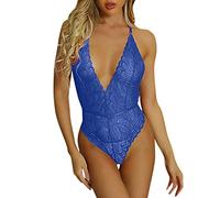 Generisch Donne adorabili notte indossa la rete biancheria in pizzo trasparente profondo scollo a V senza schiena tuta intima trasparente signore Sexy, Blu, XL