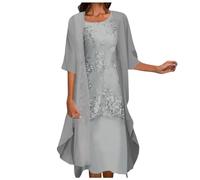 Generisch Donne Casual Ricamo Abito Girocollo Elegante Abito Mezza Manica Chiffon Sciarpa Cardigan Due Set Rosso Signore Manica Lunga 48, grigio., XXL