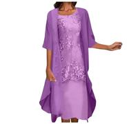 Generisch Donne Casual Ricamo Abito Girocollo Elegante Abito Mezza Manica Chiffon Sciarpa Cardigan Due Set Rosso Signore Manica Lunga 48, Lilla, XXL