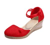 Generisch Donne Donne Retro Lino Cuneo Di Tela Punta Rotonda Sandali Casual Donna Scarpe Taglia 38, Colore: rosso, 36 EU