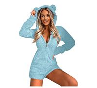Generisch Donne Manica Lunga Moda Pigiameria Tuta Orecchio Animale Con Cappuccio Leopardo Stampato Tuta Pigiama Pigiameria Tuta Donne Estate Sexy Breve, Azzurro, S