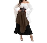 Generisch Donne Medievale Rinascimento Due Pezzi Vittoriani Contadini Volant E Vita Moqued Costume con Cintura Set Boho Pirata Abito Vintage Classico Abito Da Sera Abiti Alla Moda